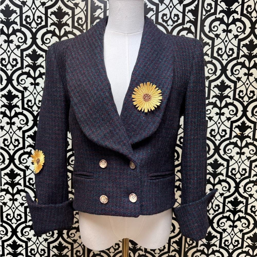Cesarani Design Elegant Navy & Burgundy Wool Short Blazer w/ Gold flower accents